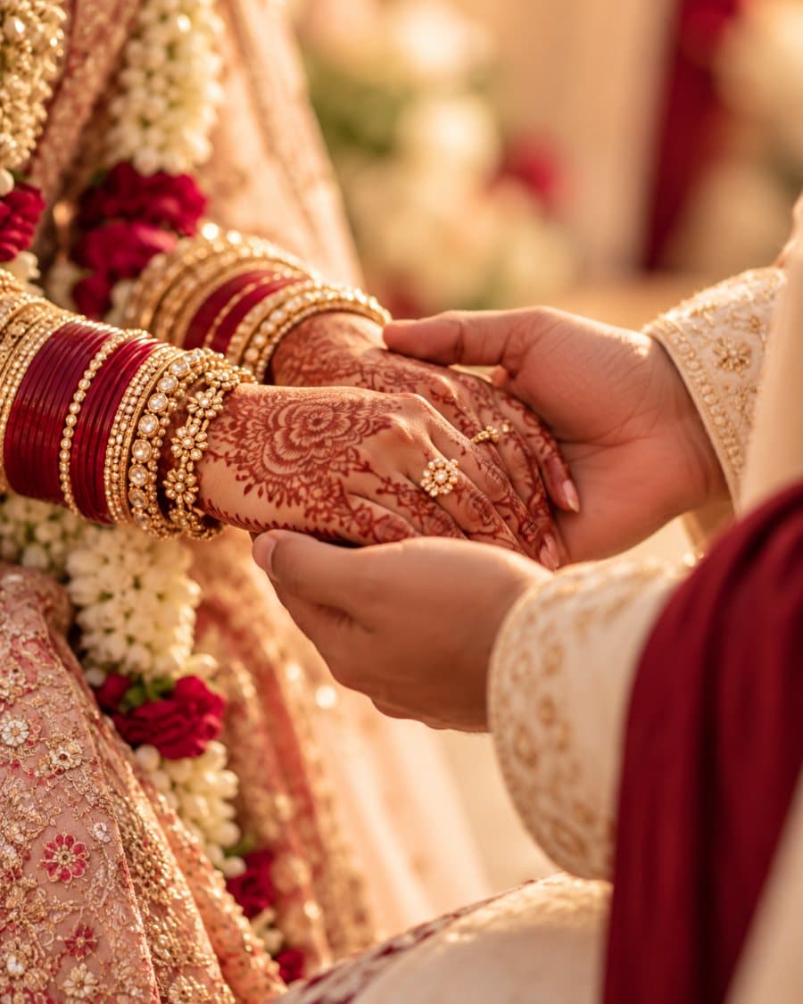 Hands joined, adorned with mehndi and bangles, during a wedding ceremony